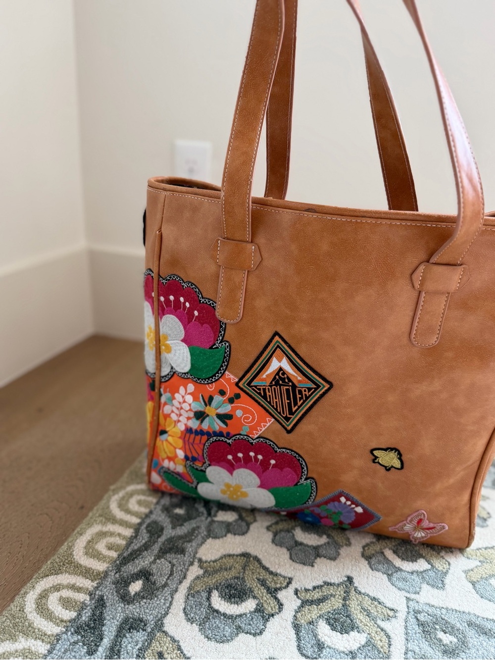 Traveler Tan Floral Embroidered Tote Bag